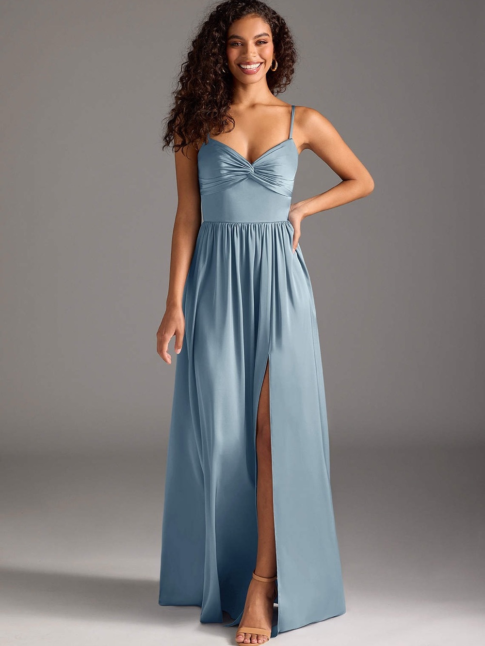 Azazie Zeya Dress in Dusty Blue Stretch Satin and Garment Bag